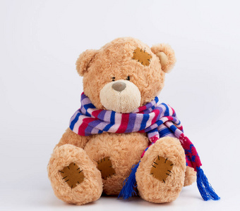 可爱的棕色泰迪熊与补丁在彩色针织围巾