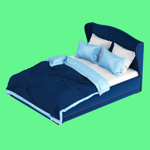 一张柔软的蓝色双人床，蓝色和白色床单铺在绿色背景上。三维渲染