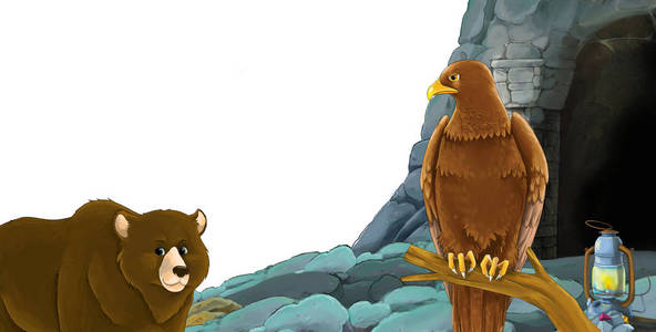 卡通场景与熊与鸟鹰,与矿山入口,鸟鹰在白色背景上,空间为文字-儿童