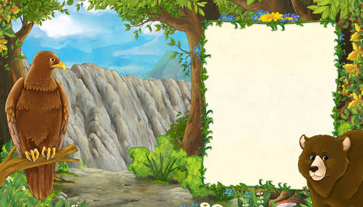 卡通场景与熊与鸟鹰,与矿山入口,鸟鹰在白色背景上,空间为文字-儿童