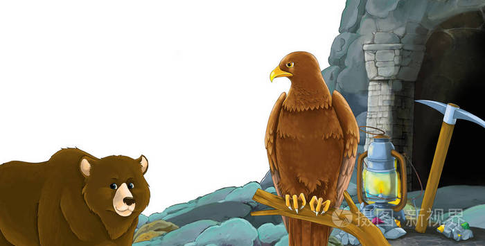 卡通场景与熊与鸟鹰与矿山入口鸟鹰在白色背景上空间为文字儿童插图