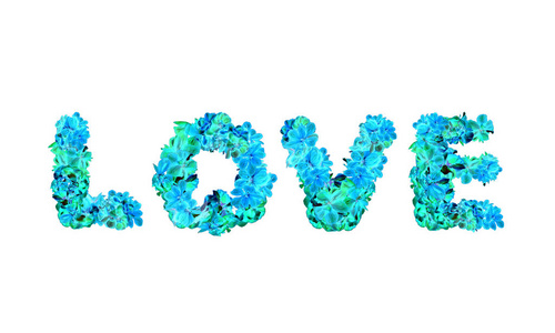 用大写字母写的爱，白底青蓝色花瓣