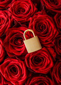 情人节贺卡的爱情锁，金色挂锁和豪华花束