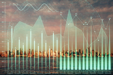 外汇图表城市景观与摩天大楼壁纸双重曝光。金融研究概念。