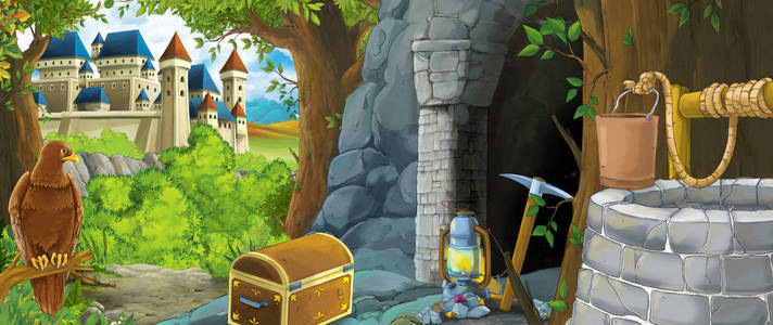 森林里的卡通场景隐藏着老矿井的入口卡通场景与熊与鸟鹰,与矿山入口