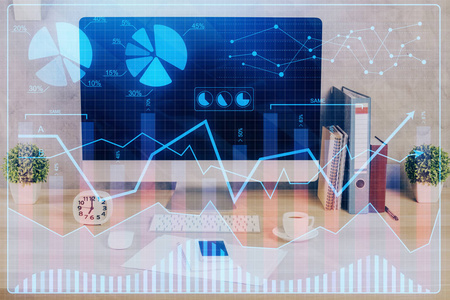 桌面上的外汇图形全息图与计算机背景。双重曝光。金融市场的概念。