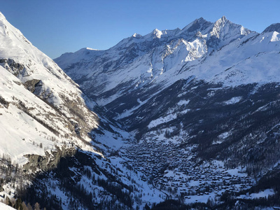 泽马特市马特塔斯日落景观冬季雪景瑞士阿尔卑斯山全景