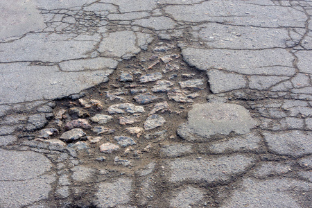 路面凹坑和沥青裂缝特写宏观.背景te照片