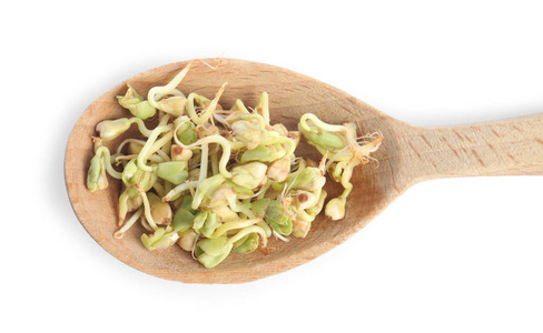 Wooden spoon of sprouted green buckwheat isolated on white, top 