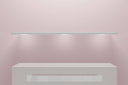 Empty pedestal on light pink. Front view of a minimal room inter