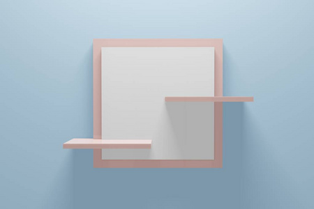 Empty shelf pedestal on light blue. Front view minimal interior 