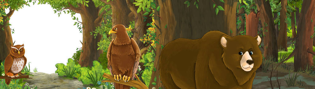 有趣的卡通场景与森林中的鹰鸟隐藏的恩恩