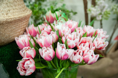 Bouquet of soft pink tulips.  Ggreeting card for mothers day, 8 