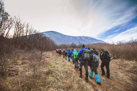 Hiking Group Of People Walking In Nature 