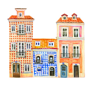 卡通手绘插图水彩画欧洲古老的石头房子.阿姆斯特丹建筑.