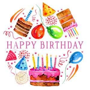 生日装饰元素以圆形构成.手绘水彩画卡顿插图.