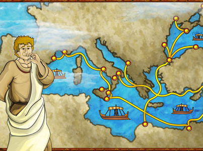 地中海地图上带有希腊或罗马字符或商人的卡通场景儿童插图