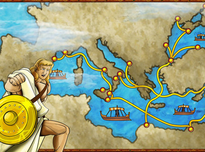 地中海地图上带有希腊或罗马字符或商人的卡通场景儿童插图