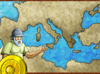 卡通地图场景希腊或罗马字符或商人与地中海插图儿童