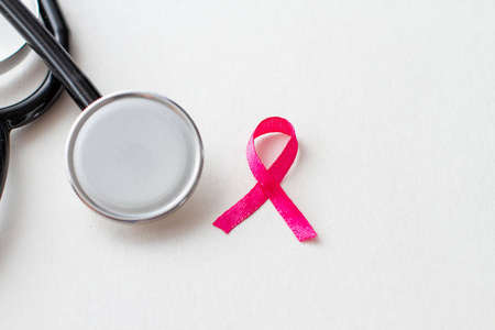 粉红色丝带乳腺癌意识听诊器白色背景。