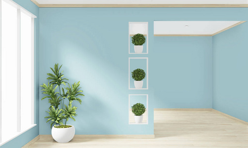 Mock up empty room mint wall on floor wooden interior design.3D 