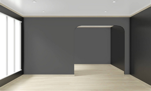 Empty room dark wall on floor wooden interior design.3D renderin