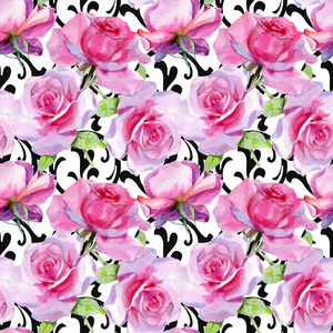 水彩粉红玫瑰无缝图案春季印花