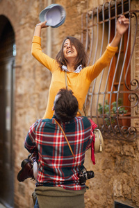 Couple laughing at and have fun on vacation  