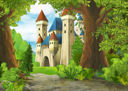 卡通自然风景与美丽的城堡儿童插图