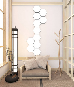 Arm chair wooden design on tatami mat floor and Hexagon lamp on 