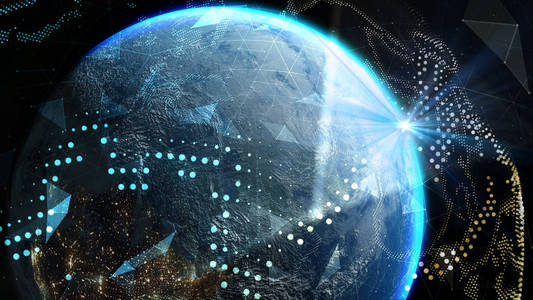 从外太空升起的太阳光照亮了地球.全球世界网络和地球上的电信.