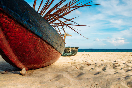 Empty tropical beach background. Boat in the sea.