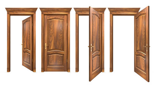 关闭和打开的棕色木门与白色隔离。天然硬木入口，带拱形面板檐口立柱。具有复制空间的高分辨率三维渲染