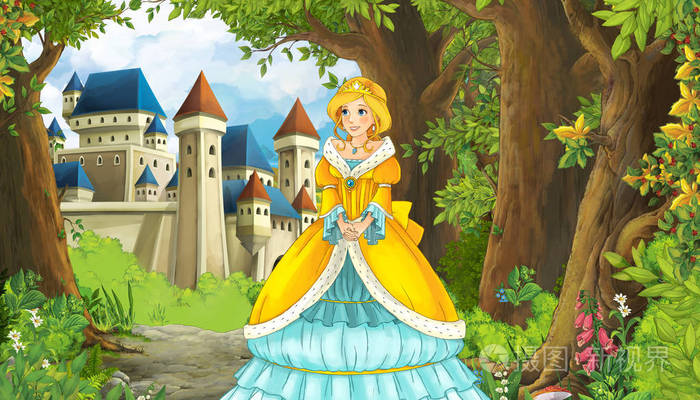 卡通自然风景与美丽的城堡附近的森林和公主插图为孩子们