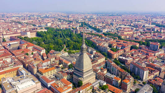 Turin, Italy. Flight over the city. Mole Antonelliana  a 19thc