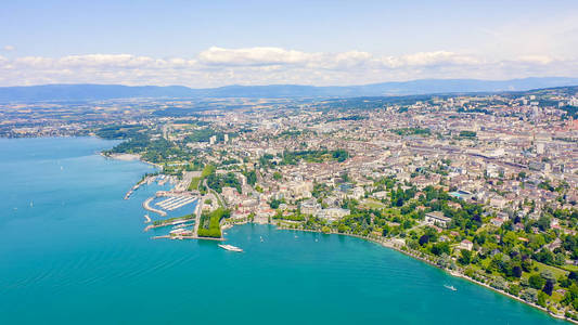 Lausanne, Switzerland. Flight over the central part of the city.
