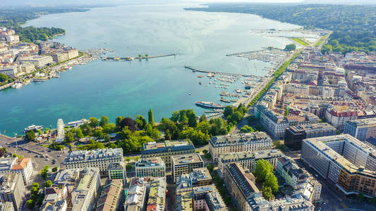 Geneva, Switzerland. Flight over the central part of the city. L