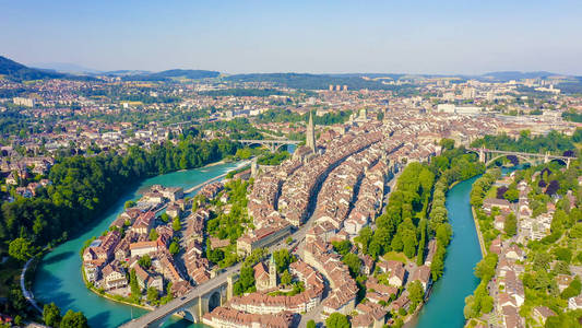 Bern, Switzerland. Historic city center, general view, Aare rive