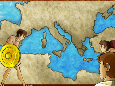 带有希腊或罗马字符或商人mercha的卡通地图场景