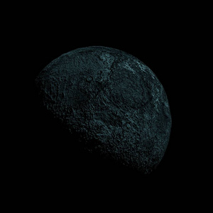 3D渲染。太空中的月亮在蓝光中。黑色空间。