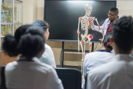 在教室里,一群穿着白大褂的男女混血青年戴眼镜的老师,谈论人体的解剖