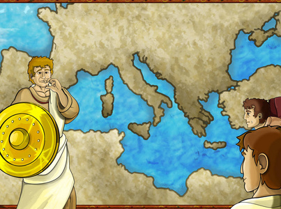 带有希腊或罗马字符或商人mercha的卡通地图场景