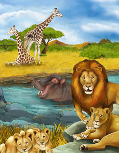 河里的河马河马河马和狮子在河里游泳的卡通场景照片