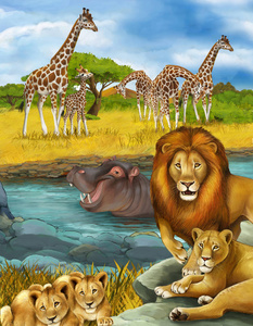 河马河马和狮子在河里游泳的卡通场景