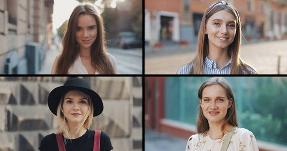 分屏ae微笑的美女看着镜头.分屏拼贴,多屏.夏季时间.生活方式理念.