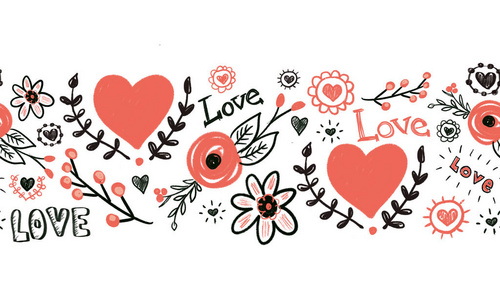 页眉页脚红色天衣无缝的心形花朵爱情人节涂鸦.手绘重复图案.