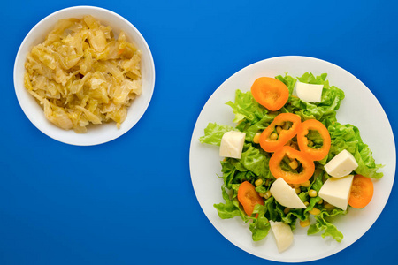  salad of cheese, lettuce, corn, pepper on a colored  background