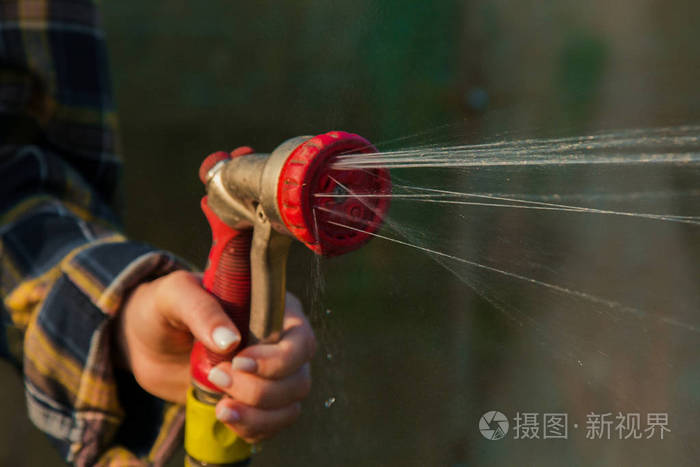 看女人用手从水管里浇花 在花园里制造一场雨 花匠用喷水管和喷水器浇花 照片 正版商用图片27zgp1 摄图新视界