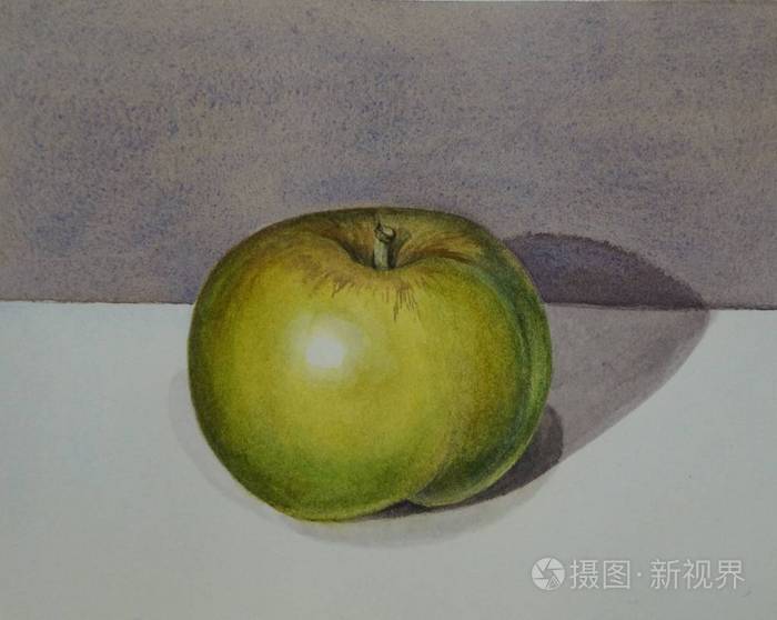 水彩画静物与一个绿色的苹果在灰色的背景