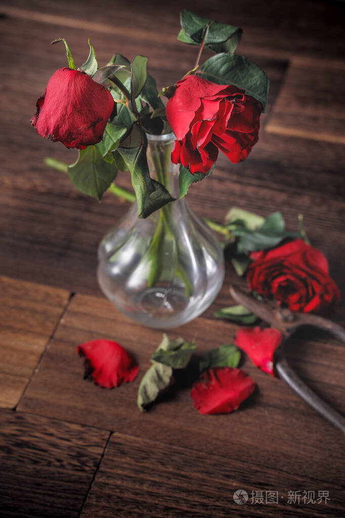 暗灰色背景下凋谢的玫瑰木桌上摆着秋天的花瓣和树叶设计理念是悲伤的